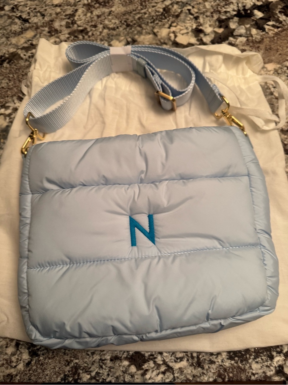 Mark & Graham Powder Blue Quilted Crossbody with Blue Monogram Letter “N”